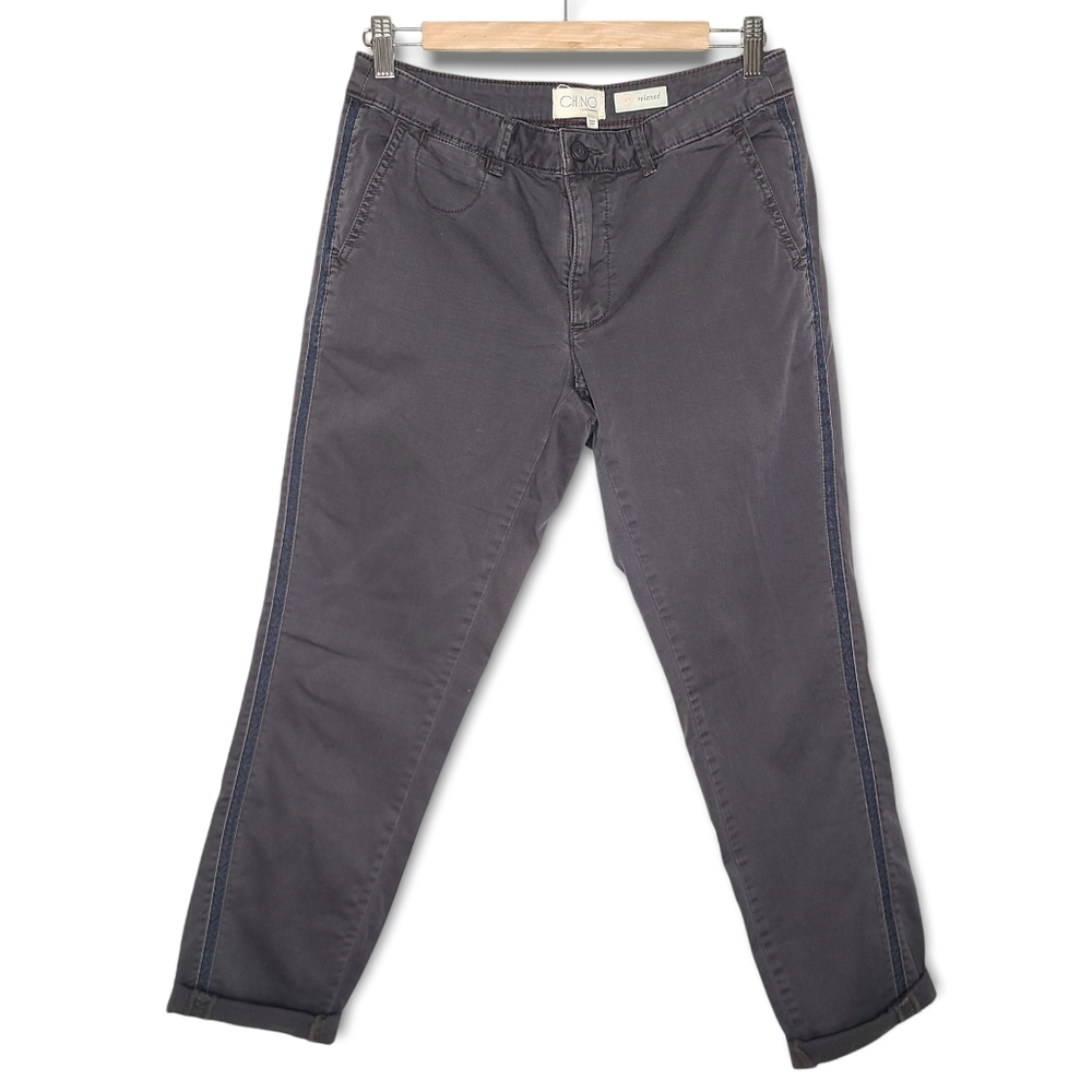 Chino by Anthropologie Relaxed Tux Side Stripe Straight Pant Dark Gray Black 27